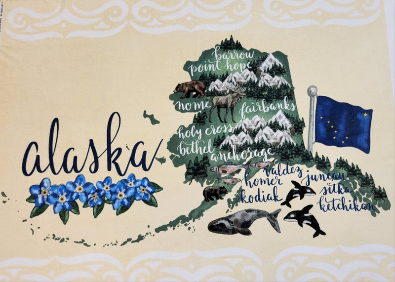 Alaska Map Illustrations Minky Panel