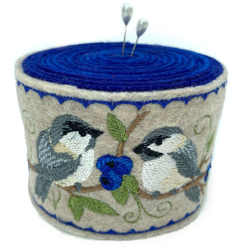 Embroidered Felt Pincushion -Chickadees